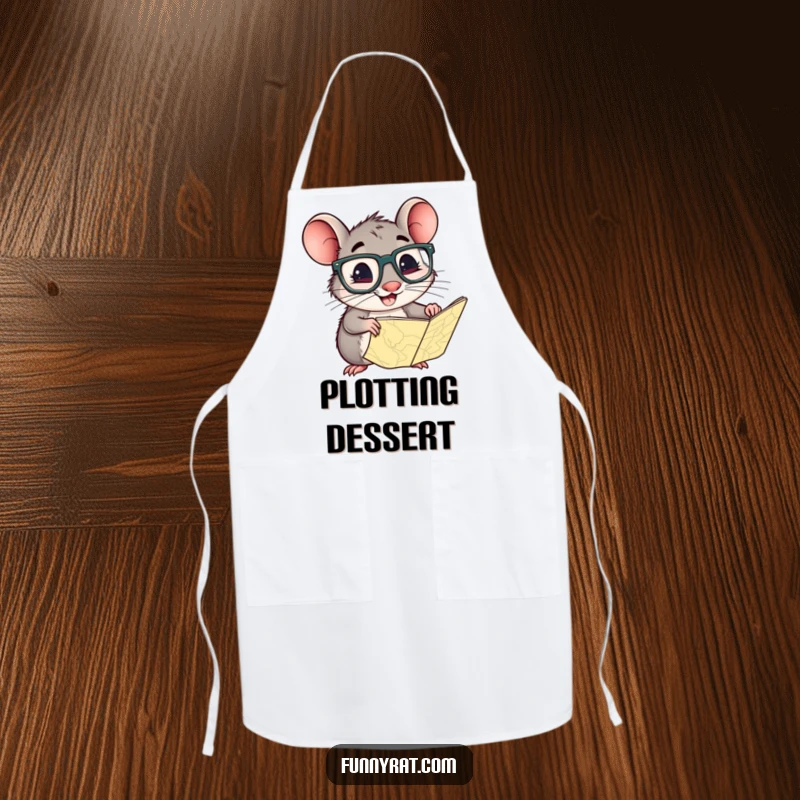 A durable apron designed with a smiling rat in oversized glasses, curiously peering at a map.