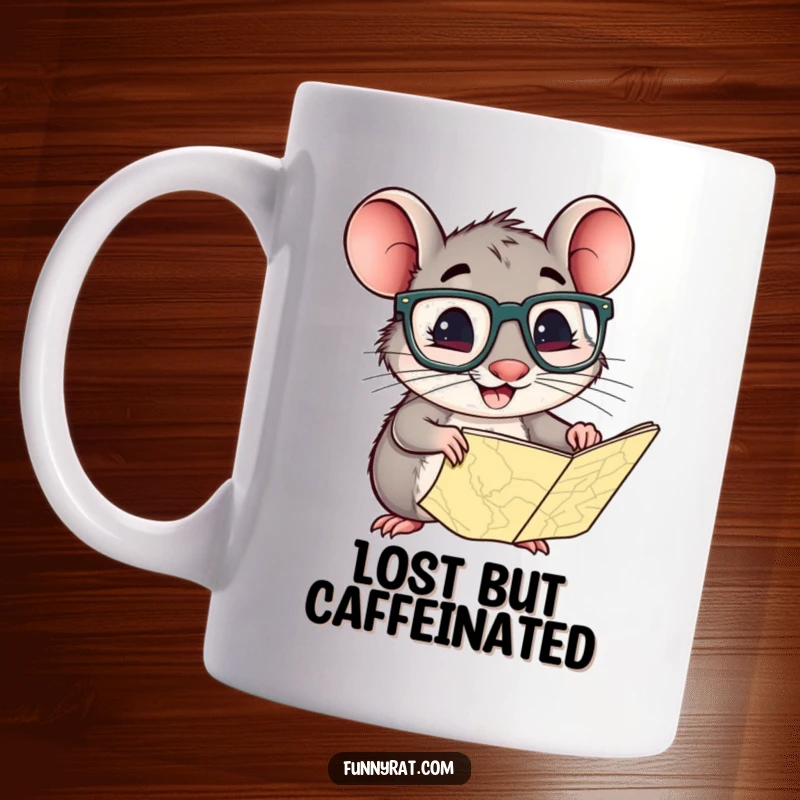 Funny rat wearing large glasses, smiling curiously while peering at an old-fashioned map, on a coffee mug.