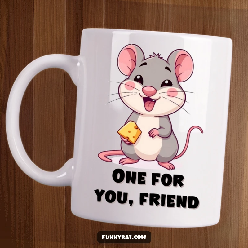 A mischievous rat character winking and offering a tiny piece of cheese, depicted on a coffee mug.