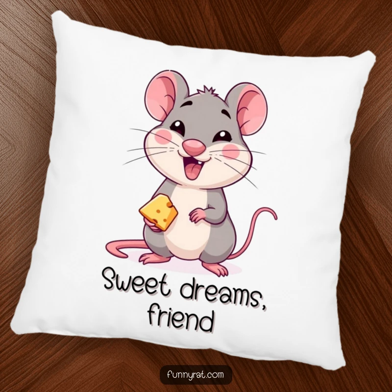 A soft, plush pillow featuring a mischievous rat character winking and offering a tiny piece of cheese.