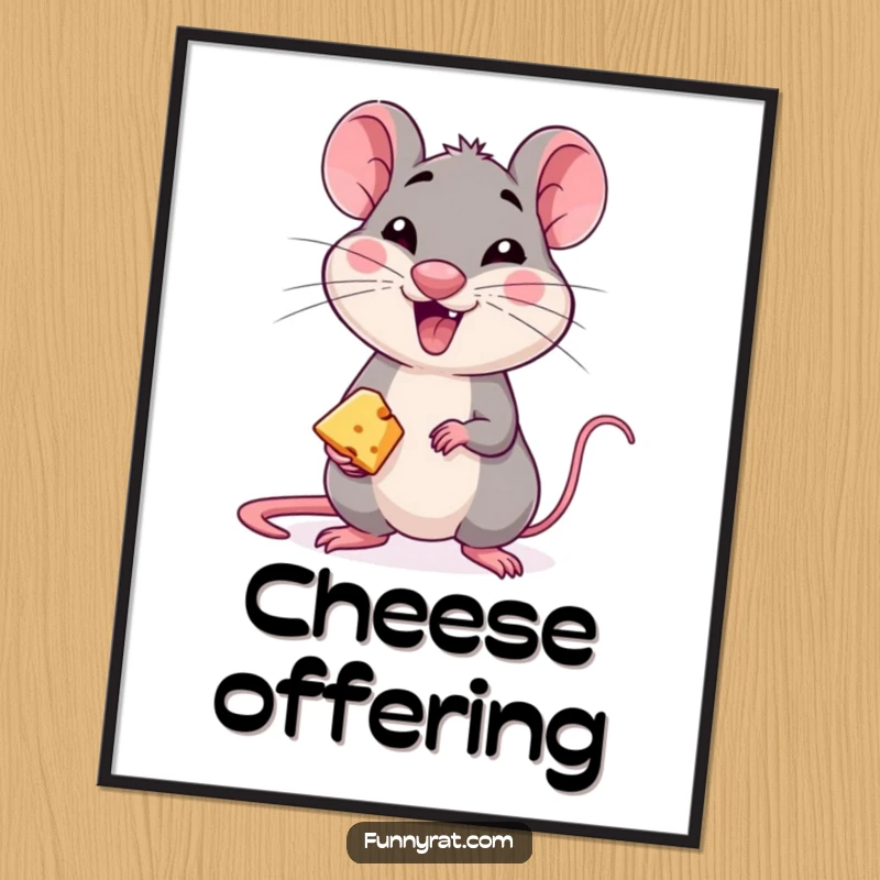 Mischievous rat winking and offering cheese, as a downloadable digital art print.
