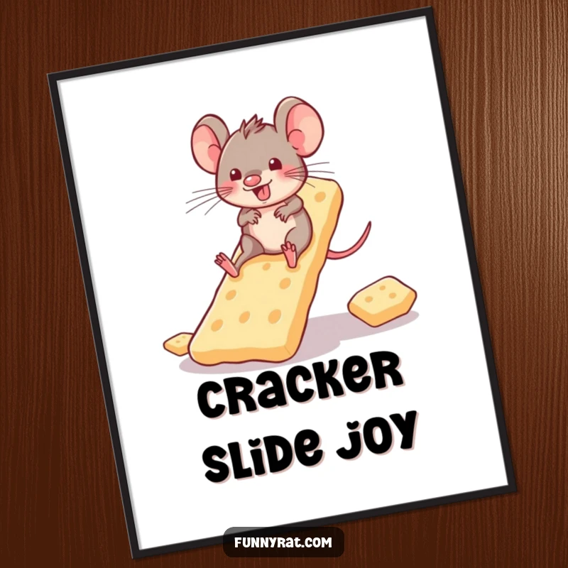 Playful rat sliding down a cracker slide, as a downloadable digital art print.
