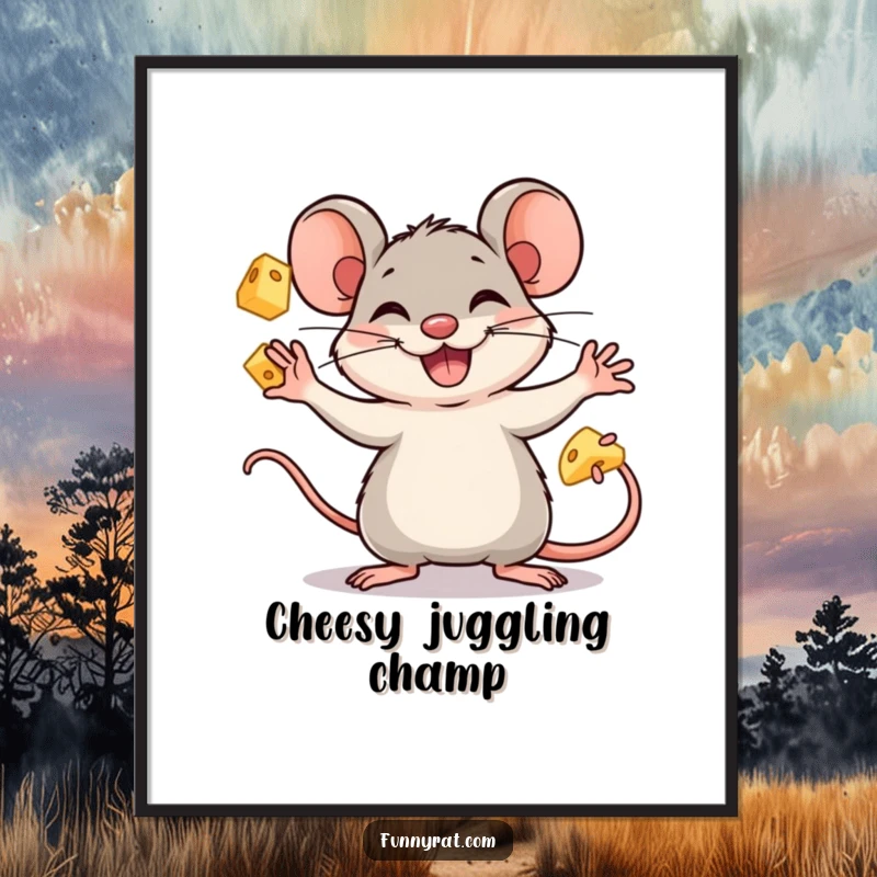 Funny rat character enthusiastically juggling cheese cubes with a grin, as a downloadable digital art print.