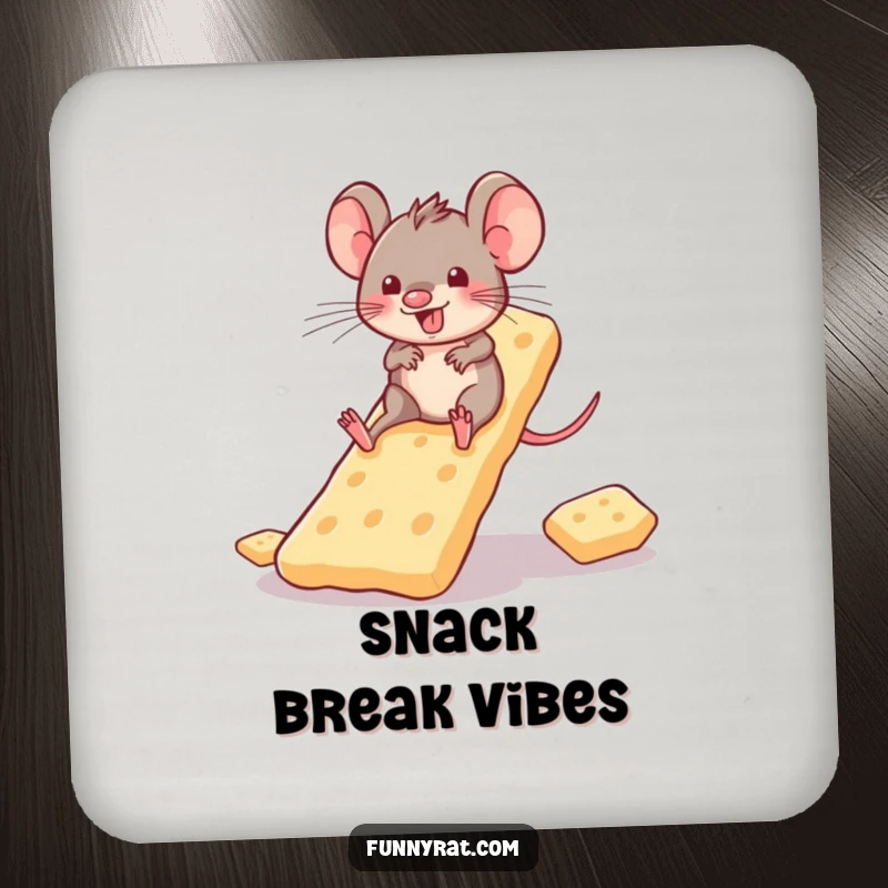 A set of coasters featuring a playful rat character sliding down a slide made of crackers.