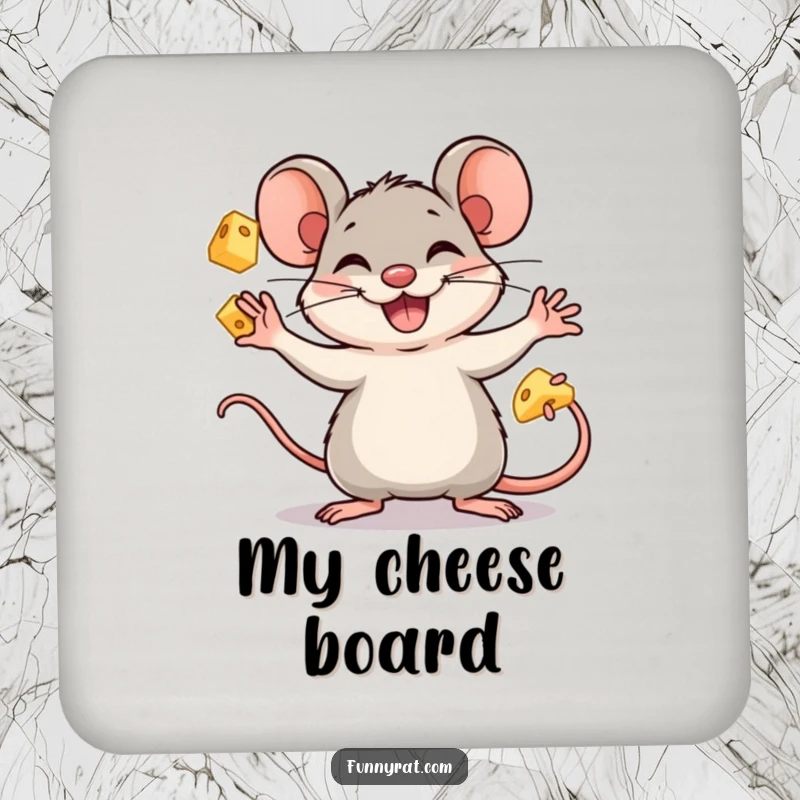 A set of coasters featuring a funny rat animal character enthusiastically juggling cheese cubes with a big smile.