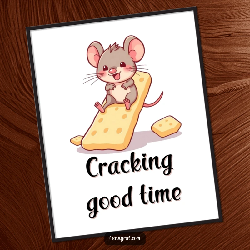A whimsical art print of a playful rat character gleefully sliding down a vibrant slide made entirely of crackers.