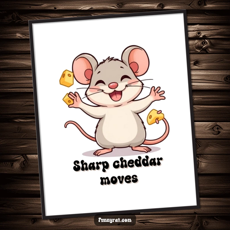 A whimsical art print of a funny rat character skillfully juggling cheese cubes with an infectious grin.