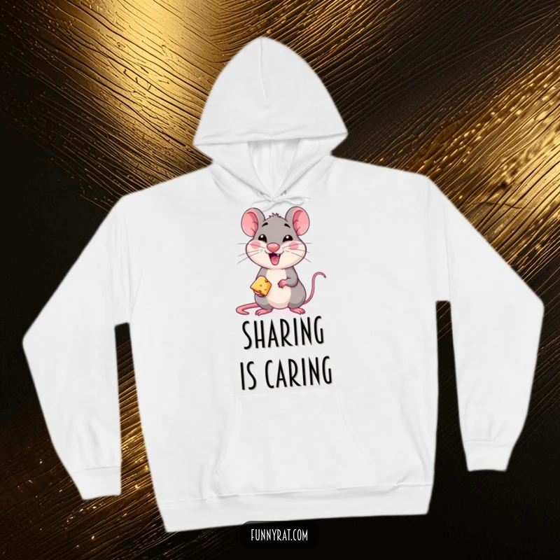 A warm, cozy hoodie showcasing a mischievous rat character winking while offering a tiny piece of cheese.
