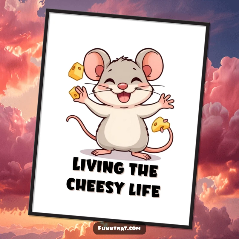 Funny Free Printable Wall Art: A cute rat enthusiastically juggles several cheese cubes with a wide, happy grin.