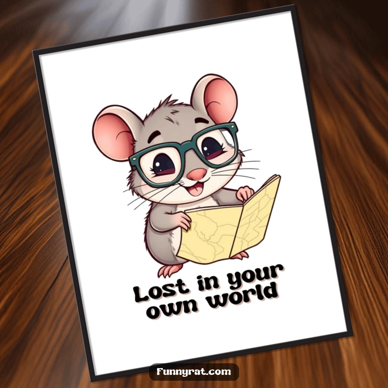 Funny Free Printable Wall Art: A smiling rat wearing oversized glasses peers intently at a detailed map, planning an adventure.