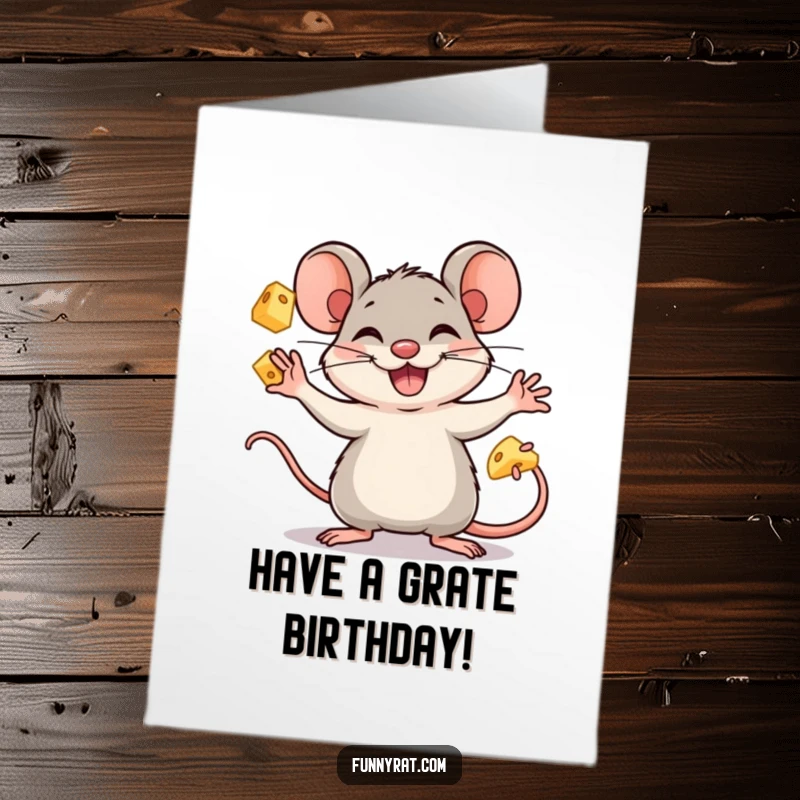 Funny Free Printable Birthday Card: A grinning rat happily juggles multiple cheese cubes, ready to party.