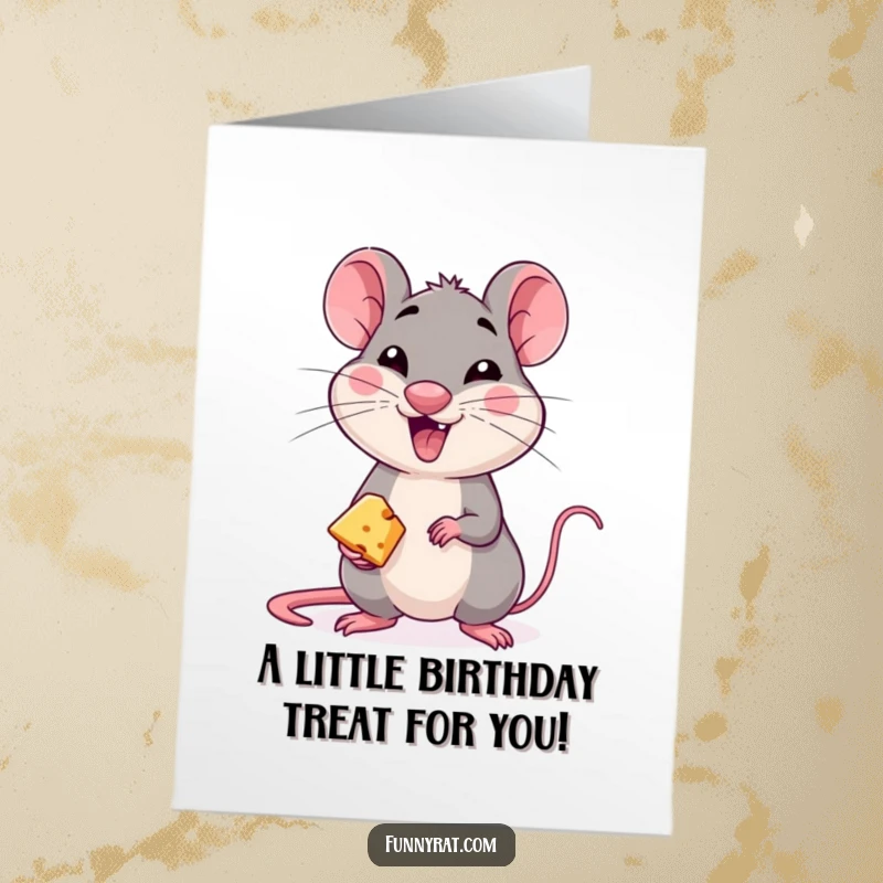 Funny Free Printable Birthday Card: A mischievous rat winks while offering a small piece of cheese.