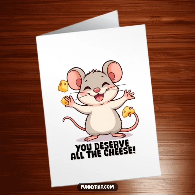 Funny Free Printable Congratulations Card: A rat gleefully juggles cheese cubes, celebrating a fantastic accomplishment.