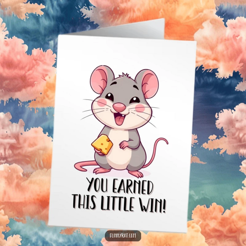 Funny Free Printable Congratulations Card: A rat winks playfully as it offers a tiny piece of cheese, celebrating success.
