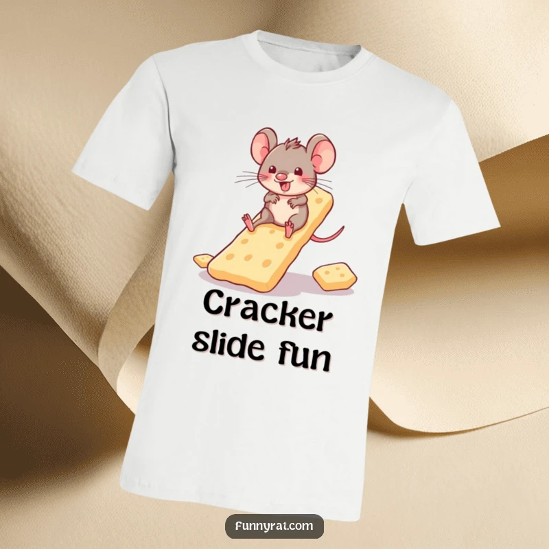 A playful rat animal character gleefully sliding down a slide constructed from crunchy crackers, printed on a t-shirt.