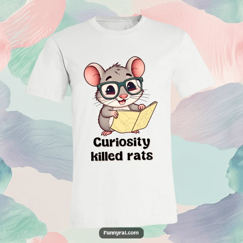 A smiling rat in oversized glasses, looking intently at a map, printed on a soft, breathable t-shirt.