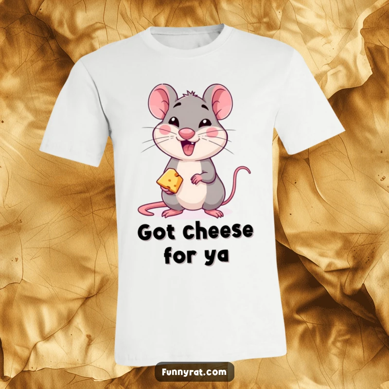 A mischievous rat winking and offering a small piece of cheese, printed on a soft, comfortable t-shirt.