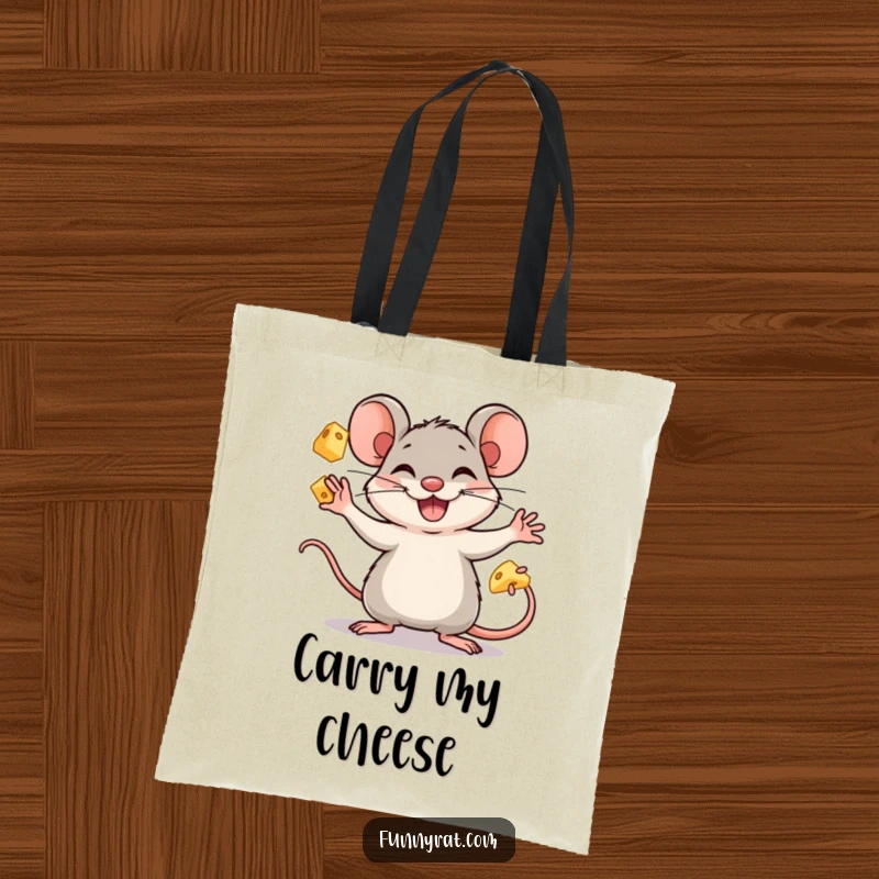 A sturdy tote bag featuring a funny rat character gleefully juggling several cubes of cheese with a big smile.